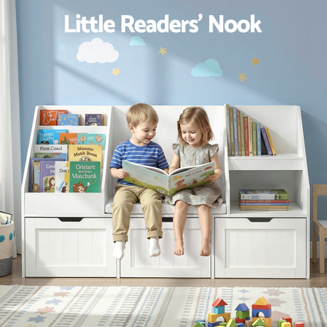 White 140cm kids bookshelf and toy storage bench with movable drawers