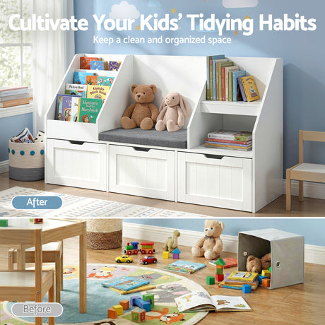 White 140cm kids bookshelf and toy storage bench with movable drawers