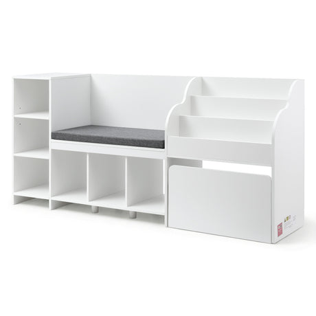 White 170cm kids bookshelf and toy storage unit with reading bench