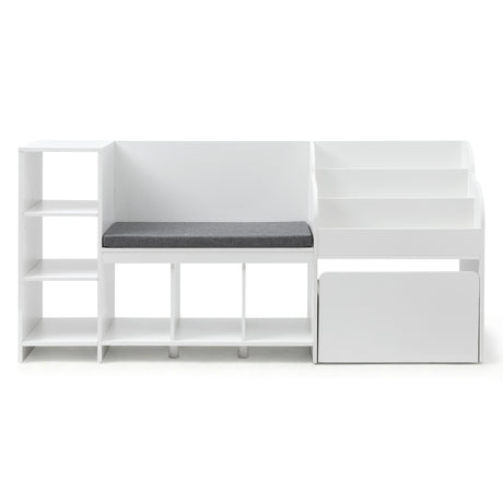 White 170cm kids bookshelf and toy storage unit with reading bench