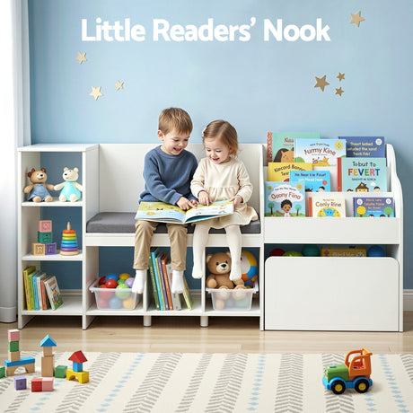 White 170cm kids bookshelf and toy storage unit with reading bench
