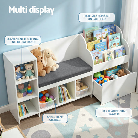 White 170cm kids bookshelf and toy storage unit with reading bench