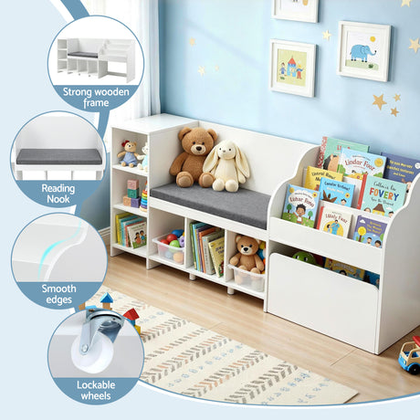 White 170cm kids bookshelf and toy storage unit with reading bench