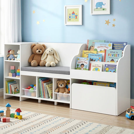 White 170cm kids bookshelf and toy storage unit with reading bench