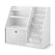 Hauroko white kids bookshelf with sling book pouches, shelves, and fabric drawer