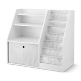 Hauroko white kids bookshelf with sling book pouches, shelves, and fabric drawer