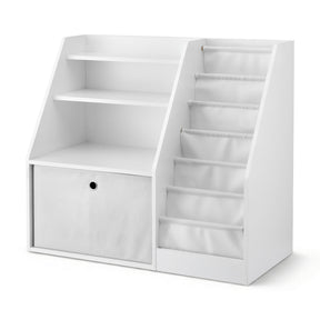 Hauroko white kids bookshelf with sling book pouches, shelves, and fabric drawer