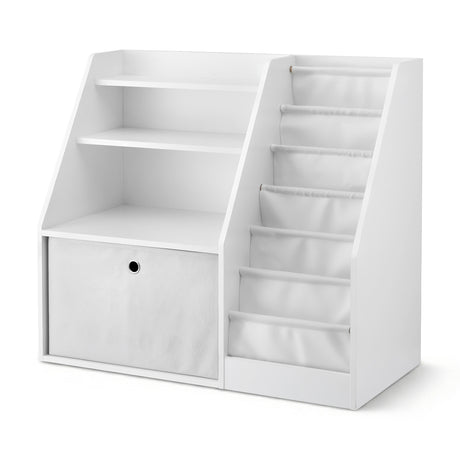 Kids Bookshelf with Sling Book Pockets and Storage Drawer, White