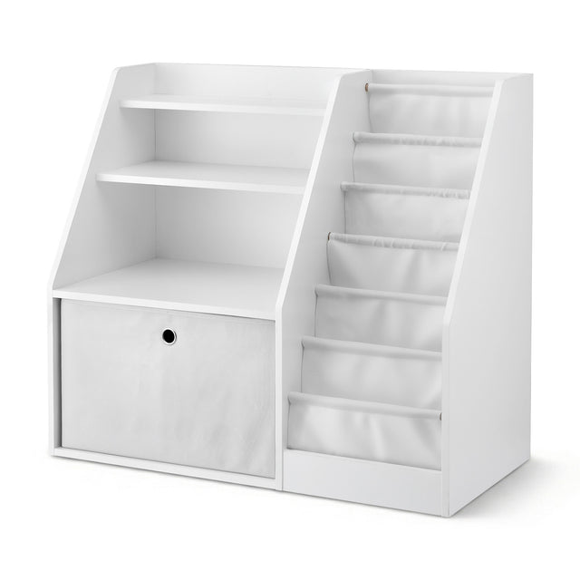 Hauroko white kids bookshelf with sling book pouches, shelves, and fabric drawer