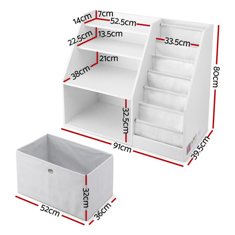 Kids Bookshelf with Sling Book Pockets and Storage Drawer, White