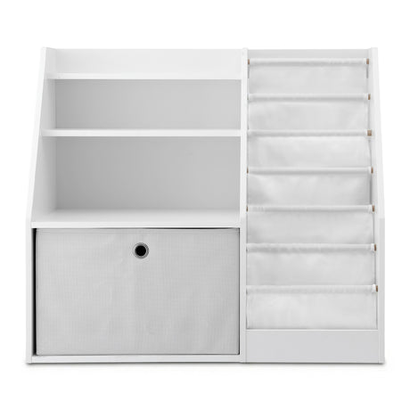 Kids Bookshelf with Sling Book Pockets and Storage Drawer, White