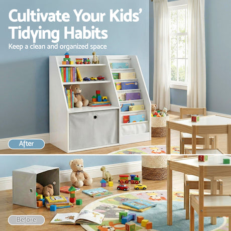 Kids Bookshelf with Sling Book Pockets and Storage Drawer, White