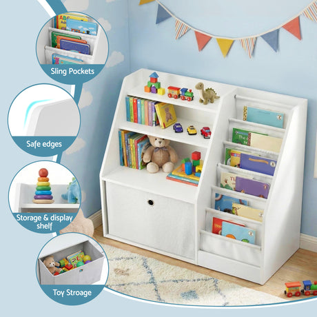 Kids Bookshelf with Sling Book Pockets and Storage Drawer, White