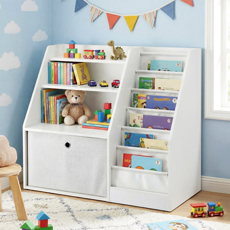 Kids Bookshelf with Sling Book Pockets and Storage Drawer, White