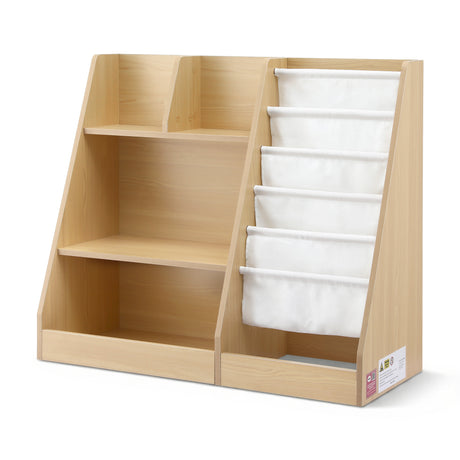 Wood finish kids bookshelf with fabric book slings, open shelves and a storage drawer