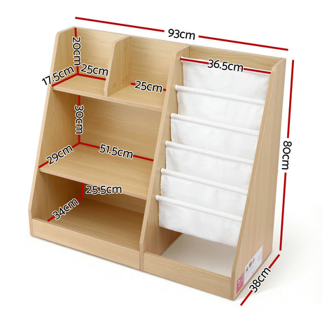 Wood finish kids bookshelf with fabric book slings, open shelves and a storage drawer