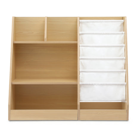 Wood finish kids bookshelf with fabric book slings, open shelves and a storage drawer
