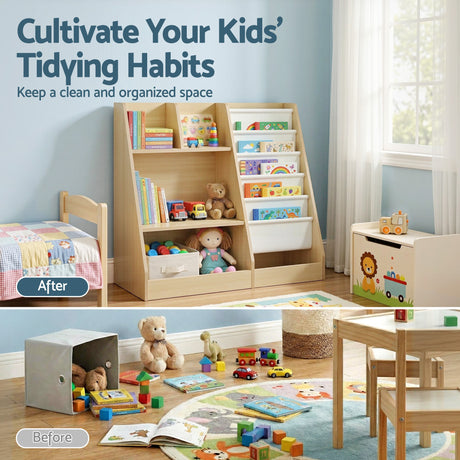 Wood finish kids bookshelf with fabric book slings, open shelves and a storage drawer