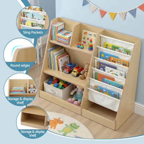 Wood finish kids bookshelf with fabric book slings, open shelves and a storage drawer