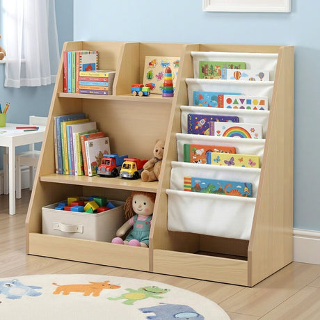 Wood finish kids bookshelf with fabric book slings, open shelves and a storage drawer