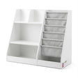 Hauroko white kids bookshelf with fabric sling book pouches, shelves, and drawer
