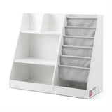 Hauroko white kids bookshelf with fabric sling book pouches, shelves, and drawer