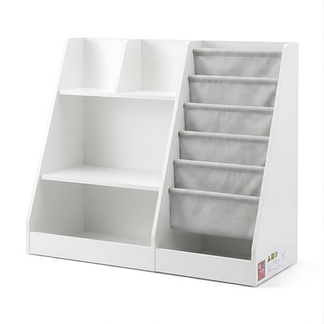 Kids Bookshelf with Sling Book Pockets and Drawer, White