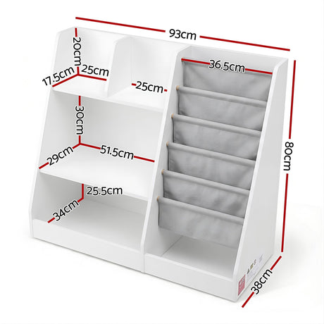 Kids Bookshelf with Sling Book Pockets and Drawer, White