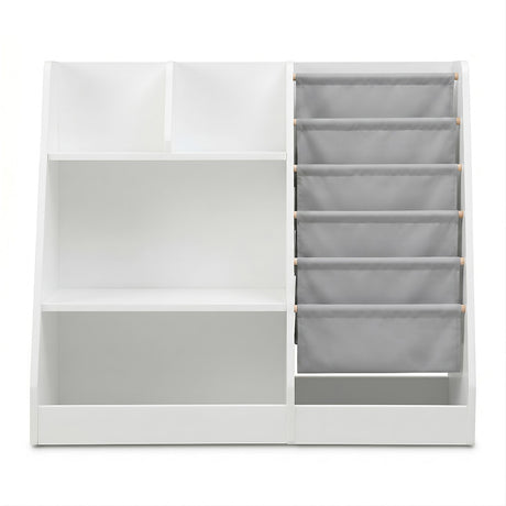 Kids Bookshelf with Sling Book Pockets and Drawer, White