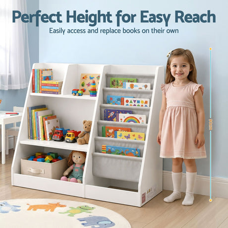 Kids Bookshelf with Sling Book Pockets and Drawer, White