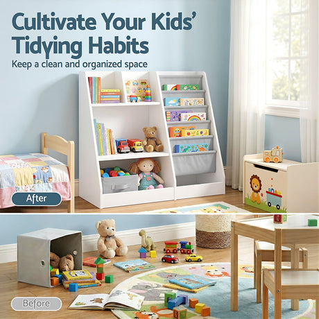 Kids Bookshelf with Sling Book Pockets and Drawer, White