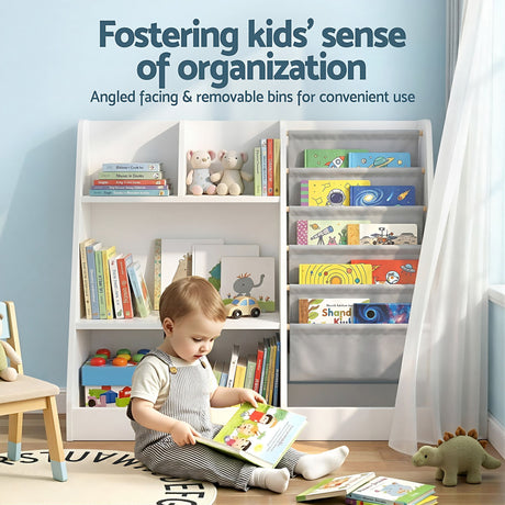 Kids Bookshelf with Sling Book Pockets and Drawer, White