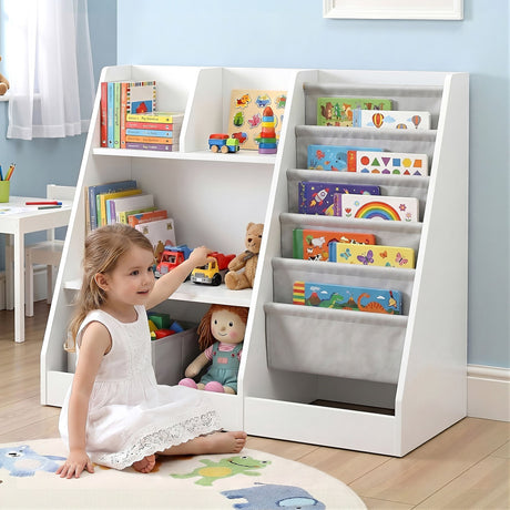 Kids Bookshelf with Sling Book Pockets and Drawer, White