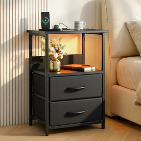 Jiggi LED Bedside Table Charging Station 2 Drawers, Black