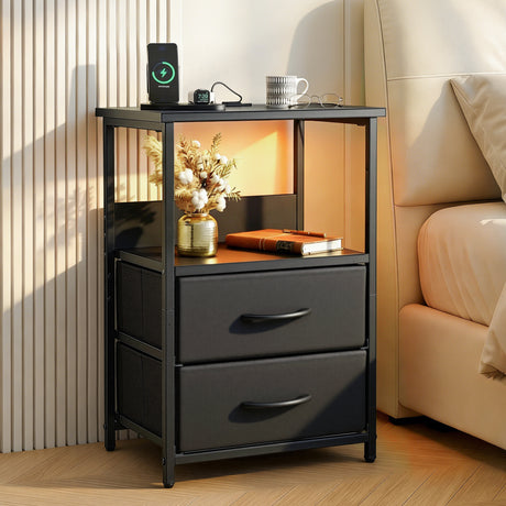 Jiggi LED Bedside Table Charging Station 2 Drawers, Black