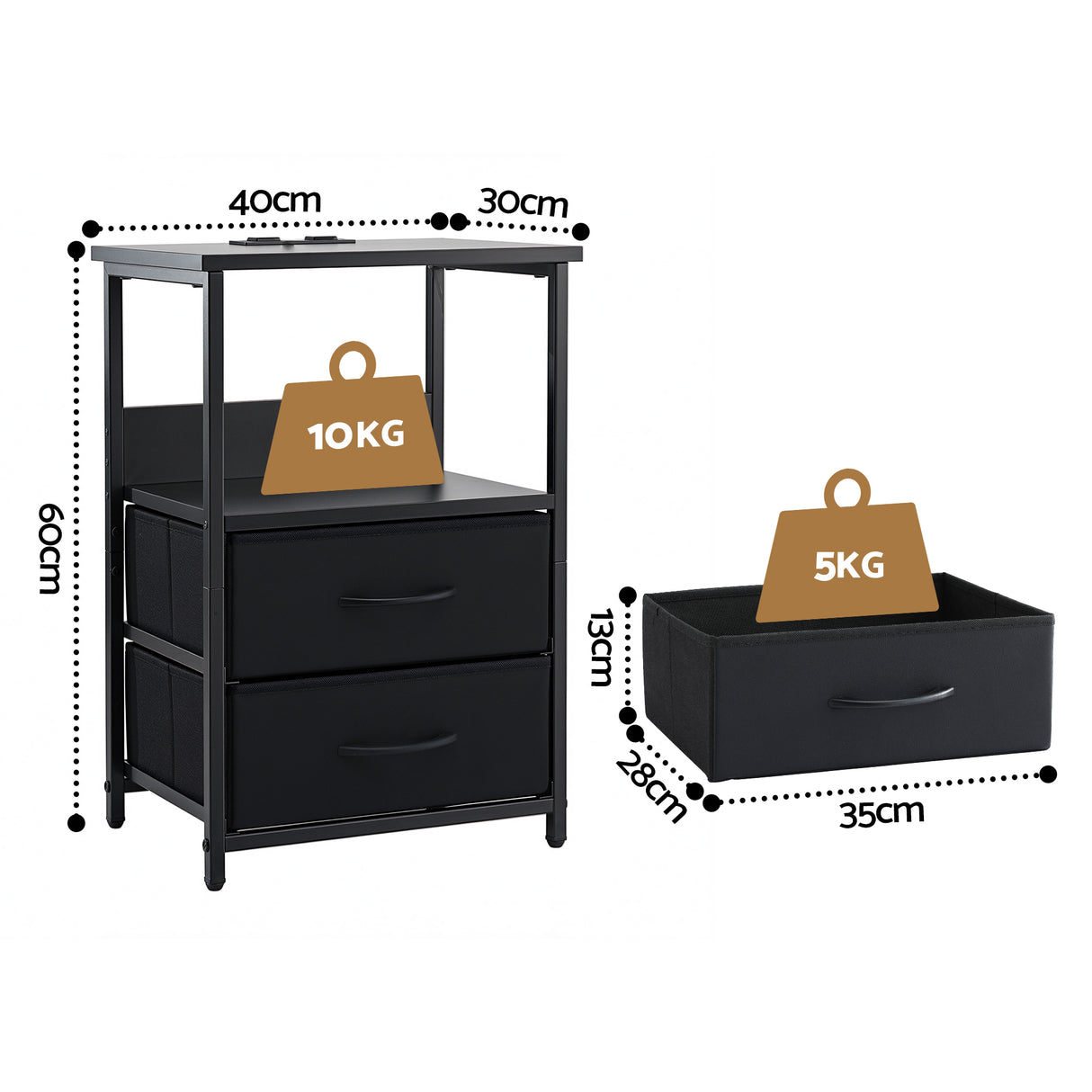 Jiggi LED Bedside Table Charging Station 2 Drawers, Black