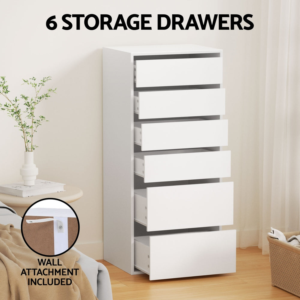 Artiss 6-Drawer Tallboy Dresser in White — 113cm — Allure Home Collections
