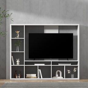 Smithton 183cm white entertainment centre with open shelves and cabinets in a living room