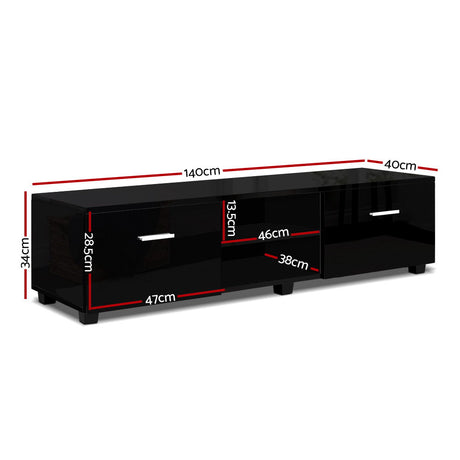 Dover black 140cm high gloss entertainment unit with two drawers in a modern living room
