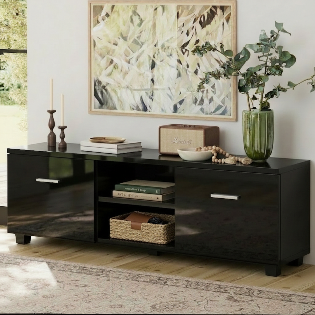 Dover black 140cm high gloss entertainment unit with two drawers in a modern living room
