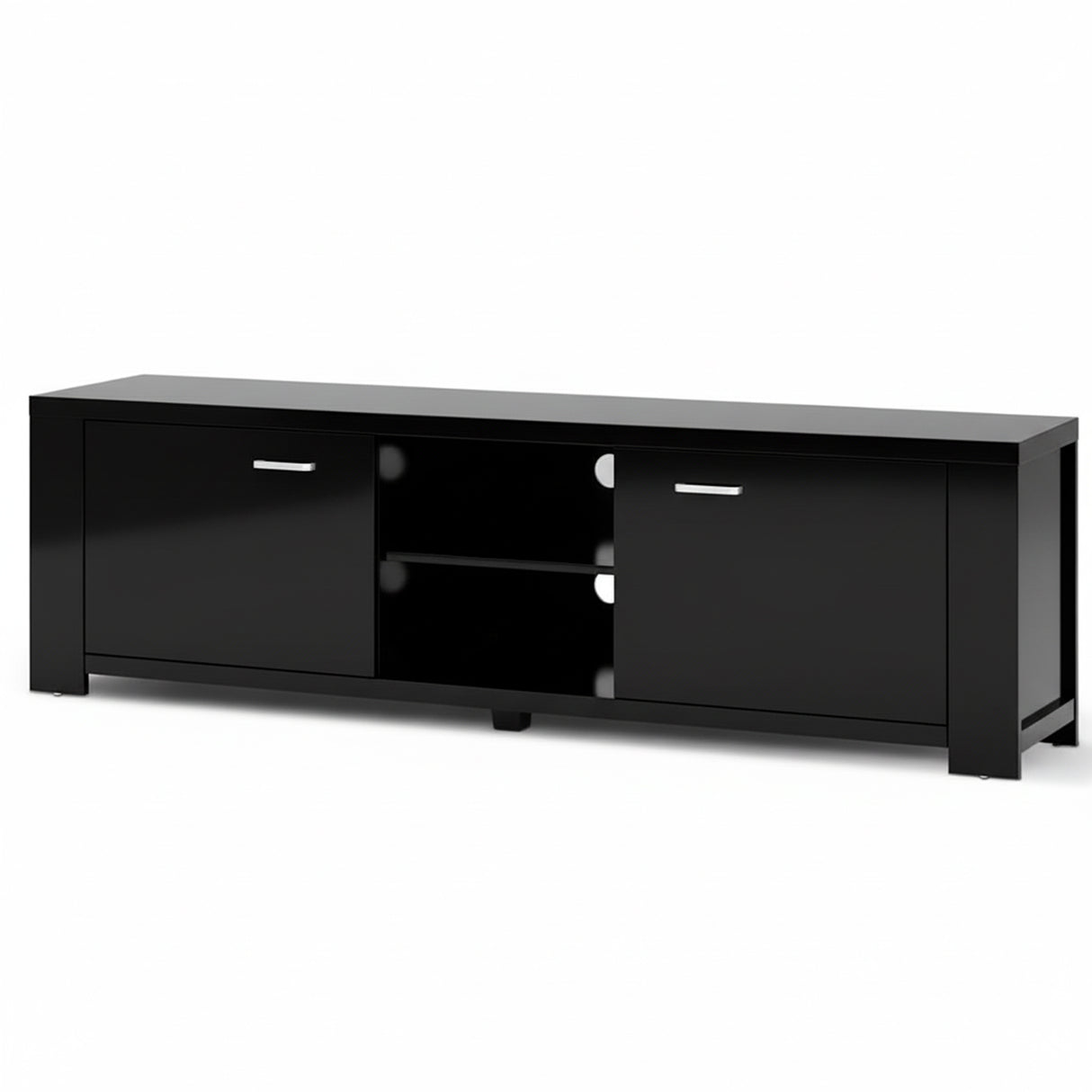 Snug black 160cm entertainment unit with cabinets and shelves in a modern living room