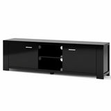 Snug black 160cm entertainment unit with cabinets and shelves in a modern living room