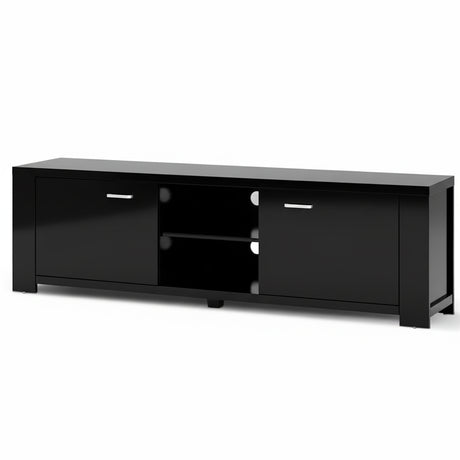 Snug black 160cm entertainment unit with cabinets and shelves in a modern living room