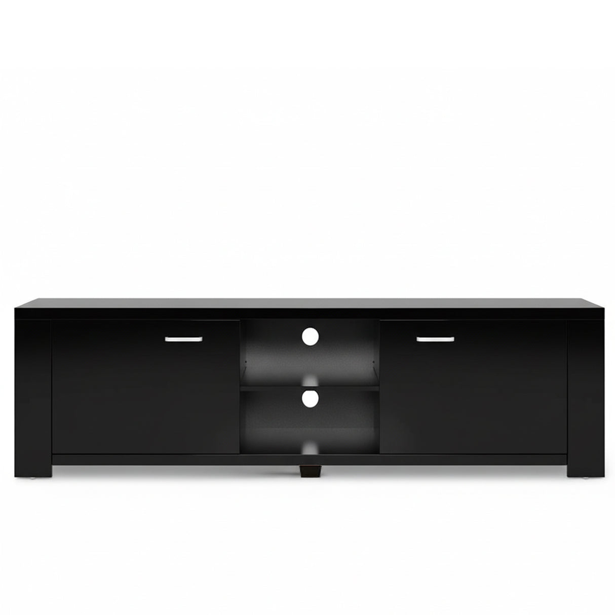 Snug black 160cm entertainment unit with cabinets and shelves in a modern living room