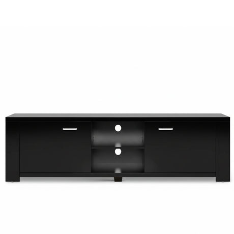 Snug black 160cm entertainment unit with cabinets and shelves in a modern living room