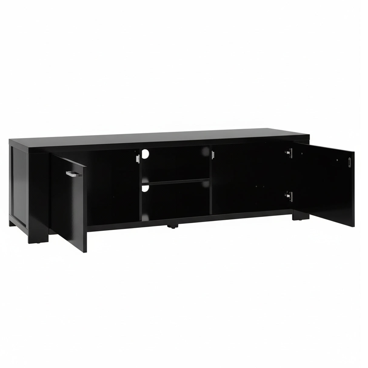 Snug black 160cm entertainment unit with cabinets and shelves in a modern living room