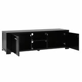 Snug black 160cm entertainment unit with cabinets and shelves in a modern living room