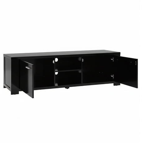 Snug black 160cm entertainment unit with cabinets and shelves in a modern living room