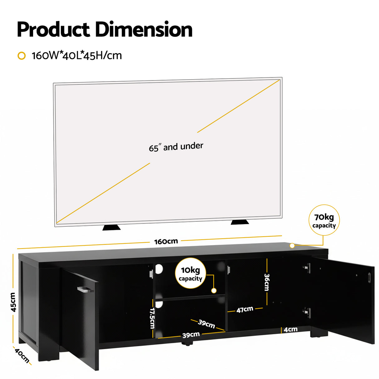 Snug black 160cm entertainment unit with cabinets and shelves in a modern living room