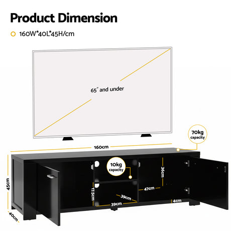 Snug black 160cm entertainment unit with cabinets and shelves in a modern living room